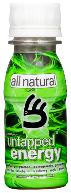Untapped Energy All Natural shot bottle filled with vibrant green liquid